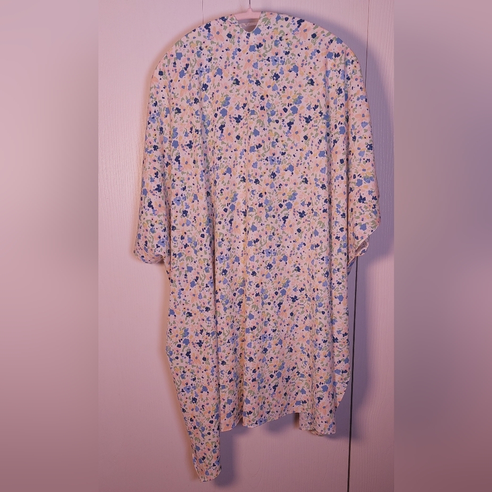Colorful Floral Size OS Open-Front Kimono Cover-Up Poncho Flowy Drapy Boho - Picture 11 of 12